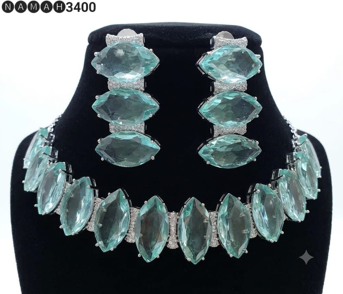 Mint American Diamond Taj Mahal Design Necklace Jewellery Set