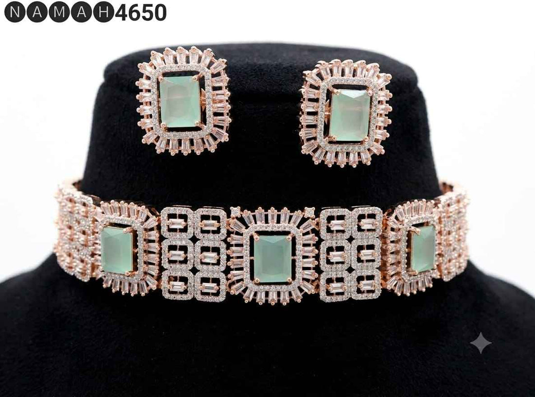 Copper American Diamond Taj Mahal Design Necklace Jewellery Set