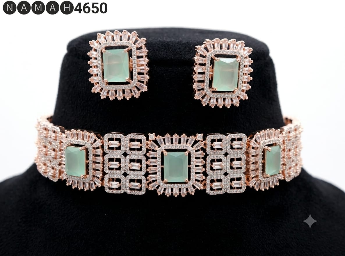 Copper American Diamond Taj Mahal Design Necklace Jewellery Set