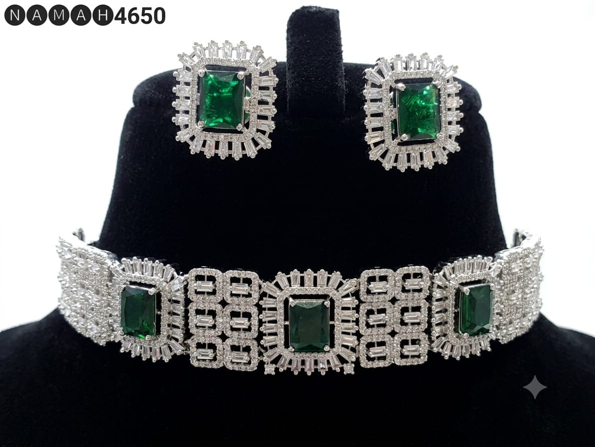 Green American Diamond Design Necklace Jewellery Set