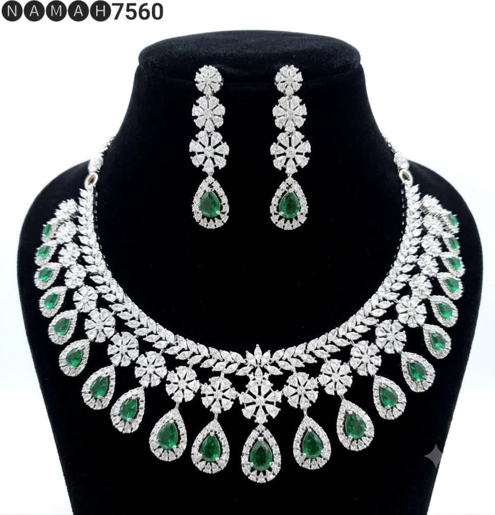 Green American Diamond Design Necklace Jewellery Set