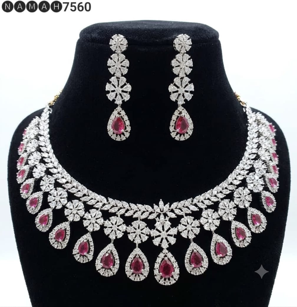Red White American Diamond Design Necklace Jewellery Set