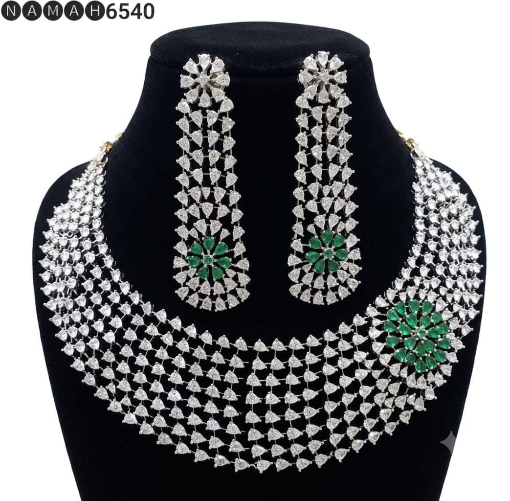 Green American Diamond Taj Mahal Design Necklace Jewellery Set