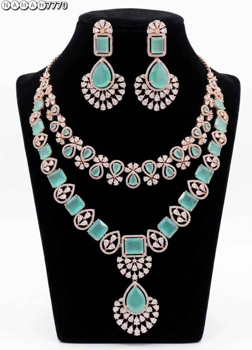 Mint Green American Diamond Design Necklace Jewellery Set