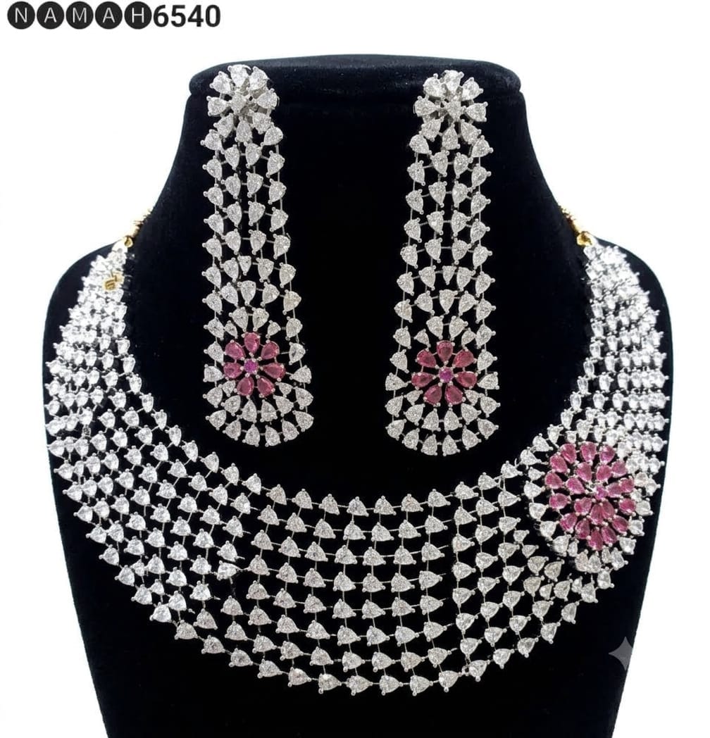 Pink American Diamond Design Necklace Jewellery Set