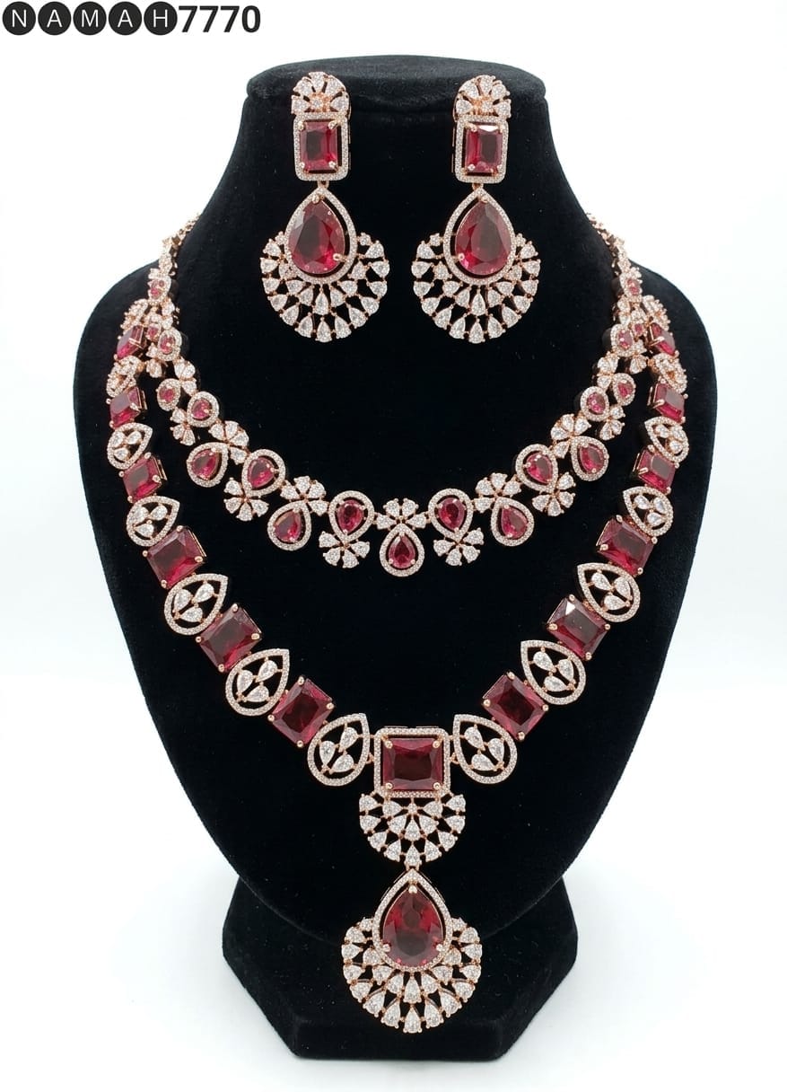 Red American Diamond Design Necklace Jewellery Set