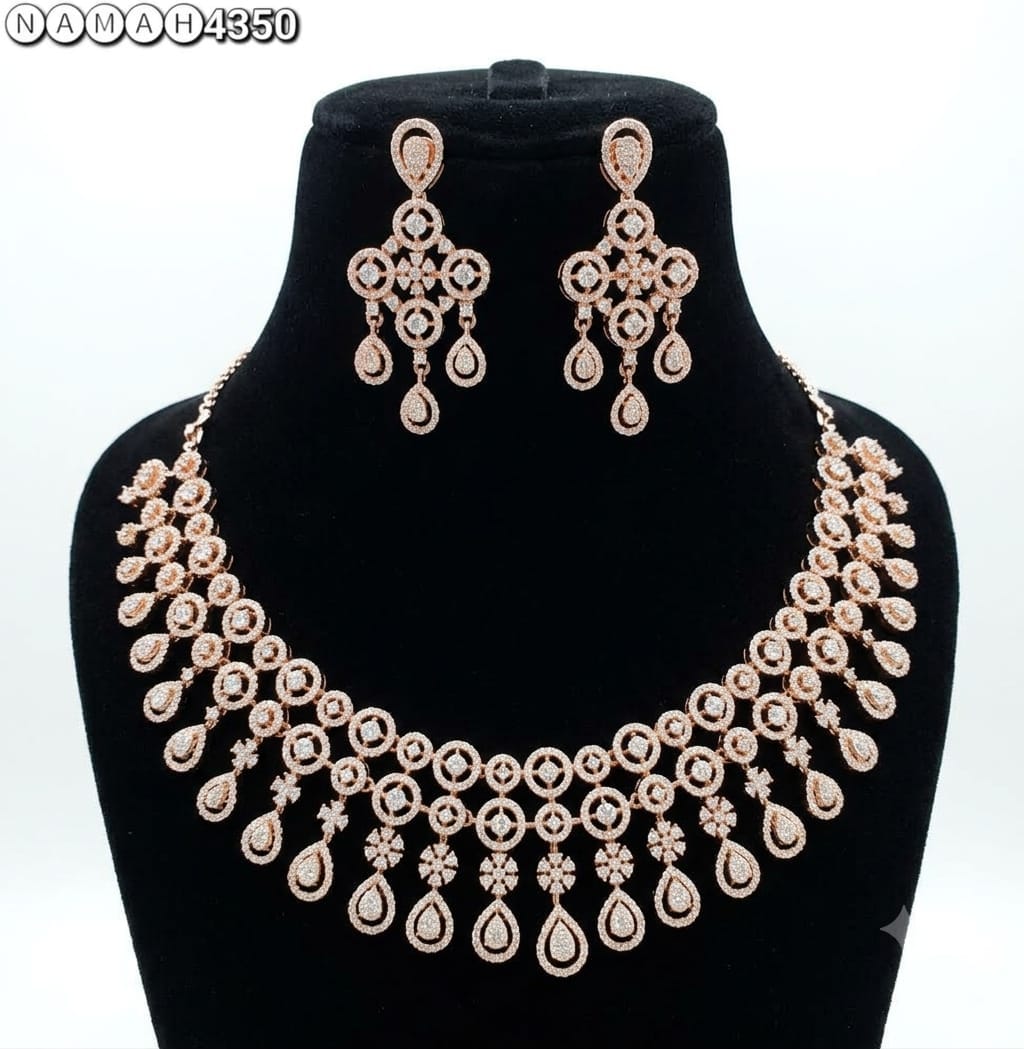 White Gold American Diamond Design Necklace Jewellery Set