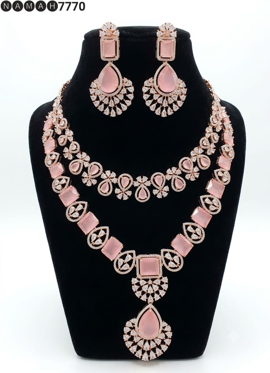 Pink American Diamond Design Necklace Jewellery Set