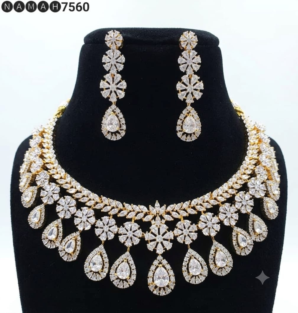 Green Gold American Diamond Design Necklace Jewellery Set