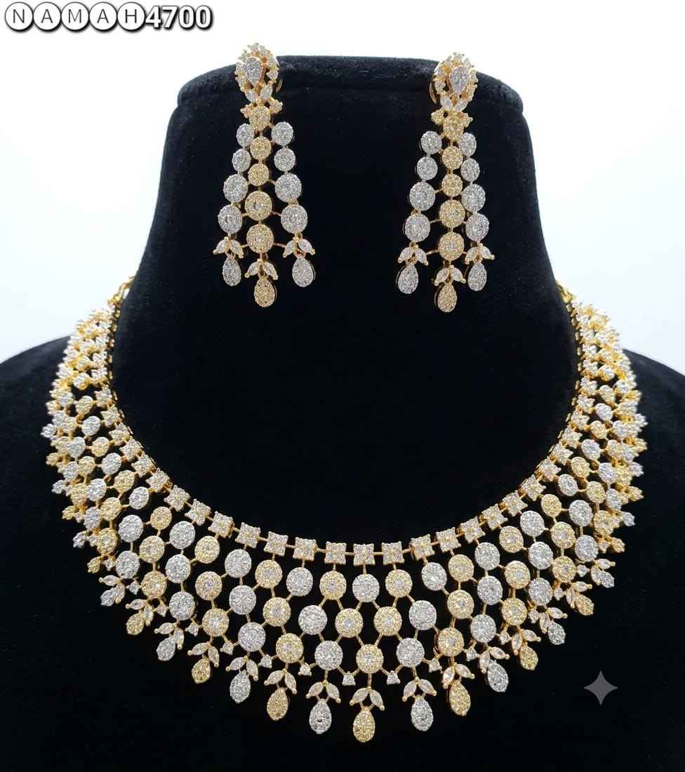White Gold American Diamond Design Necklace Jewellery Set