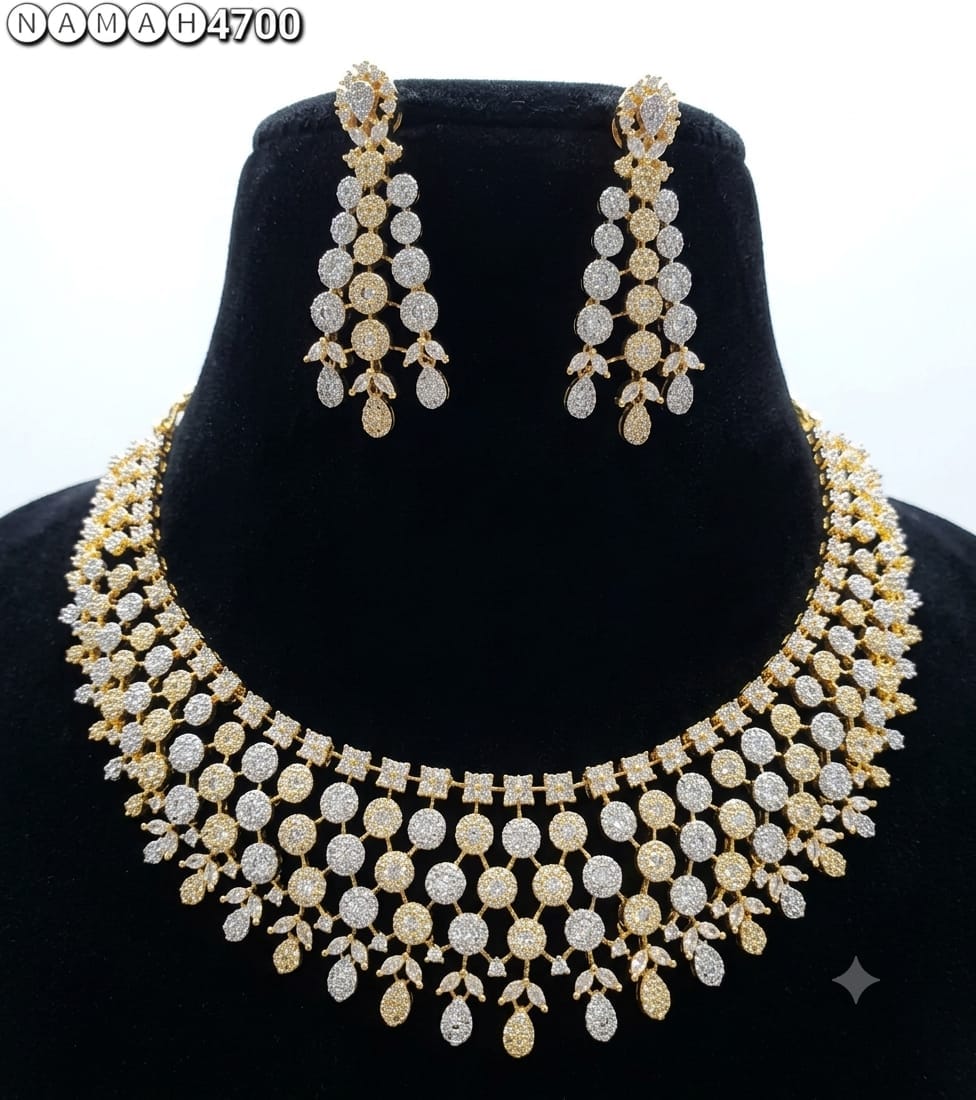 White Gold American Diamond Design Necklace Jewellery Set