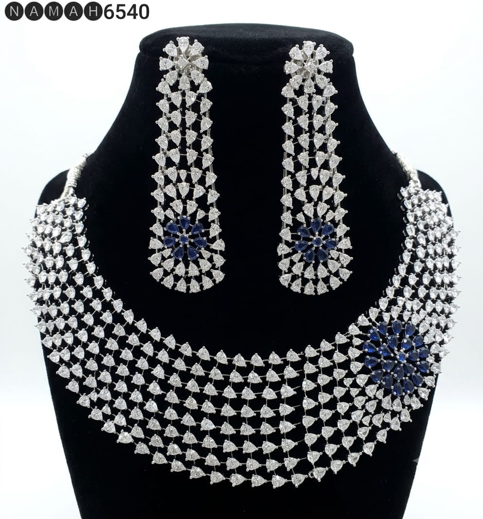 Blue American Diamond Design Necklace Jewellery Set