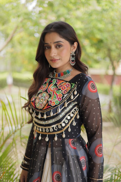 Black Pure Faux Georgette Bandhej Print with Kutchi Patchwork Navratri Gown