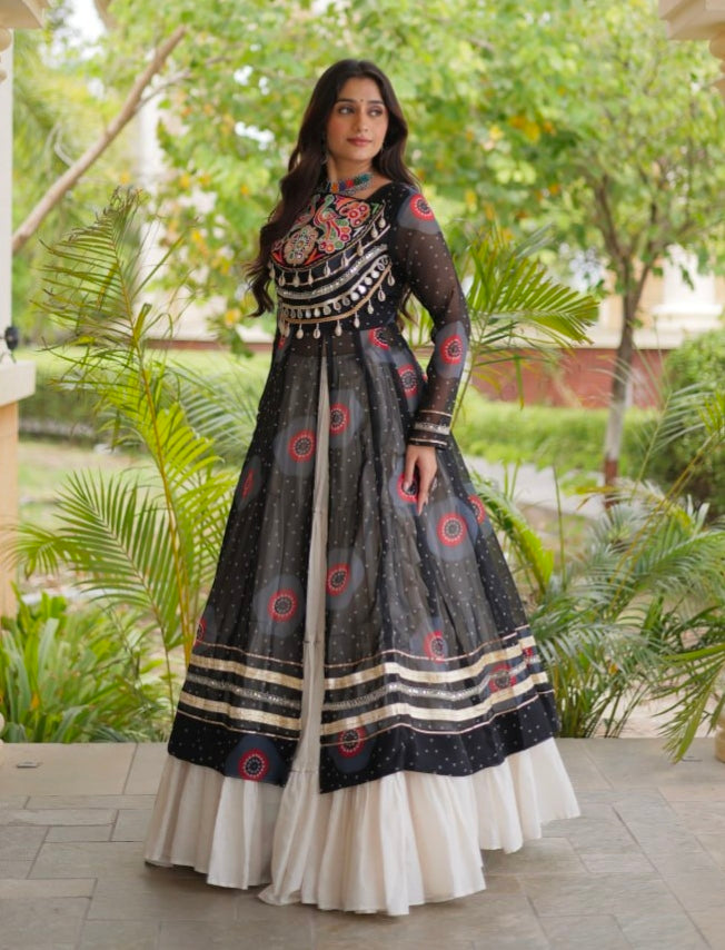 Black Pure Faux Georgette Bandhej Print with Kutchi Patchwork Navratri Gown