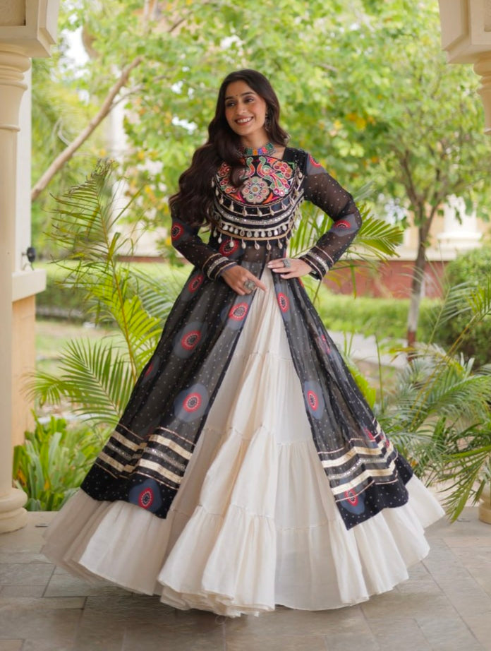Black Pure Faux Georgette Bandhej Print with Kutchi Patchwork Navratri Gown