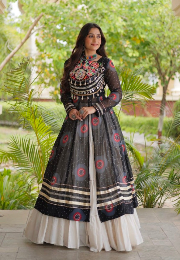 Black Pure Faux Georgette Bandhej Print with Kutchi Patchwork Navratri Gown