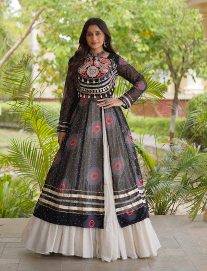 Black Pure Faux Georgette Bandhej Print with Kutchi Patchwork Navratri Gown
