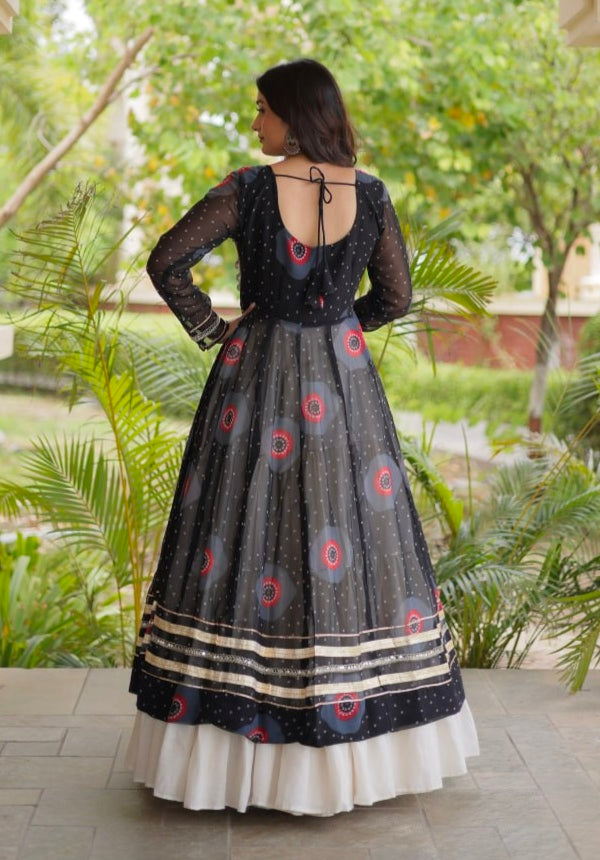 Black Pure Faux Georgette Bandhej Print with Kutchi Patchwork Navratri Gown