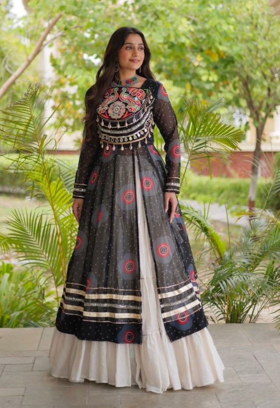 Black Pure Faux Georgette Bandhej Print with Kutchi Patchwork Navratri Gown