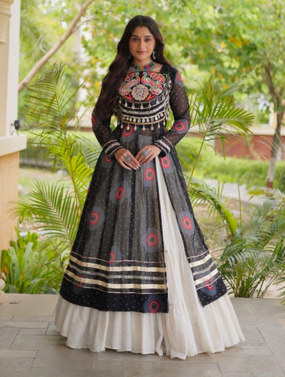 Black Pure Faux Georgette Bandhej Print with Kutchi Patchwork Navratri Gown