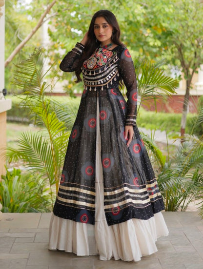 Black Pure Faux Georgette Bandhej Print with Kutchi Patchwork Navratri Gown