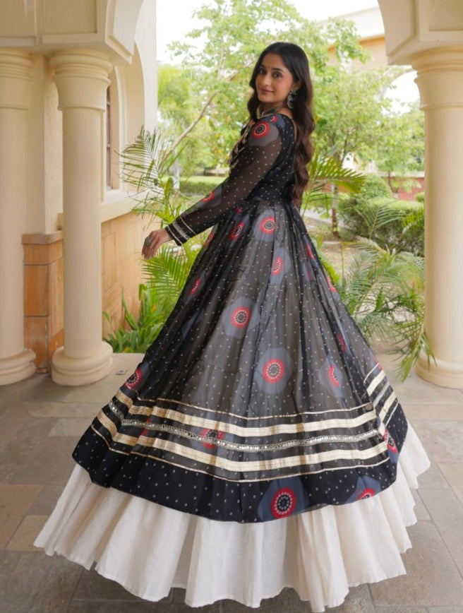 Black Pure Faux Georgette Bandhej Print with Kutchi Patchwork Navratri Gown