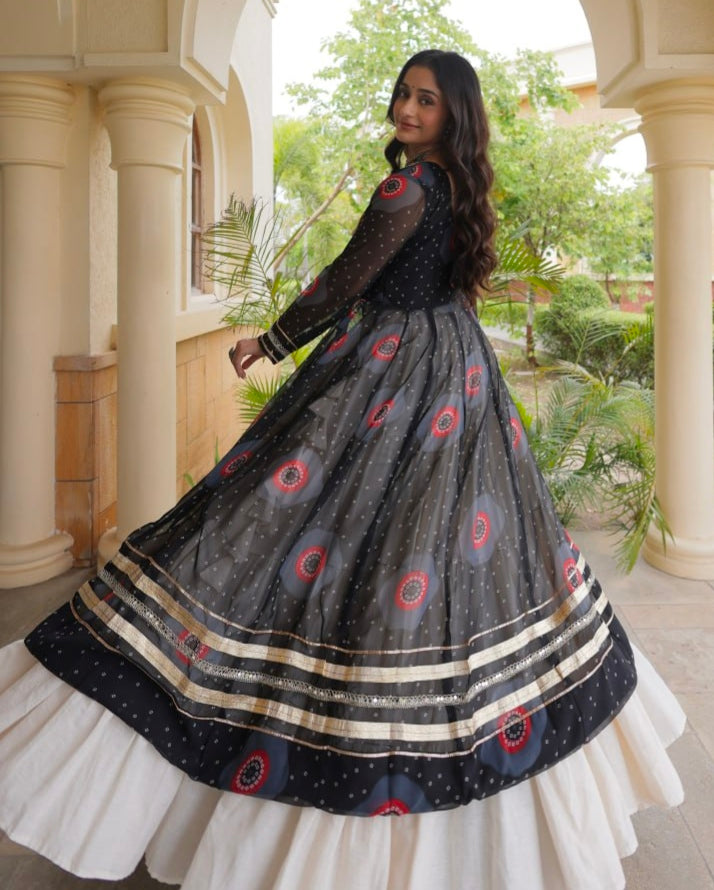 Black Pure Faux Georgette Bandhej Print with Kutchi Patchwork Navratri Gown