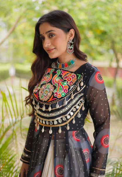 Black Pure Faux Georgette Bandhej Print with Kutchi Patchwork Navratri Gown