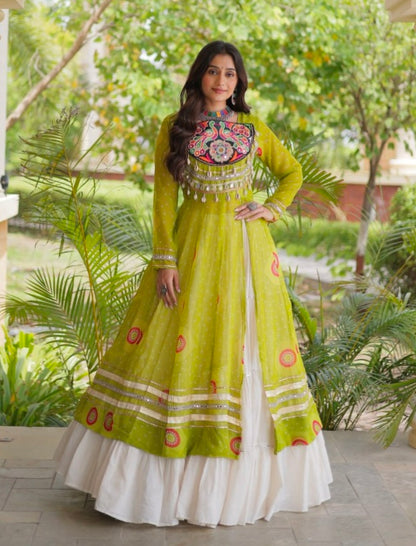 Parrot Pure Faux Georgette Bandhej Print with Kutchi Patchwork Navratri Gown