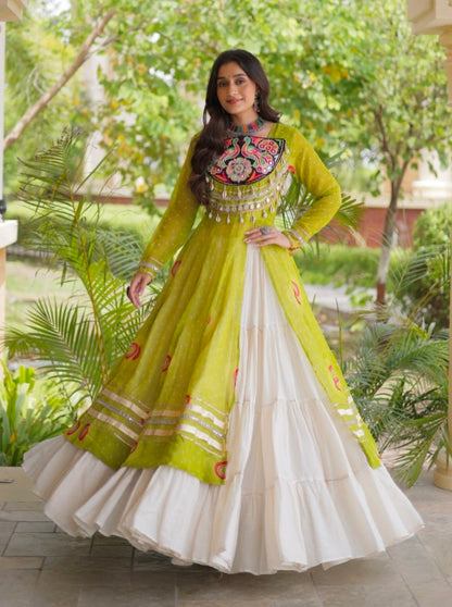 Parrot Pure Faux Georgette Bandhej Print with Kutchi Patchwork Navratri Gown