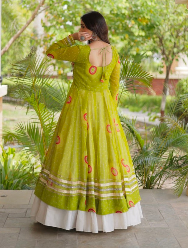 Parrot Pure Faux Georgette Bandhej Print with Kutchi Patchwork Navratri Gown