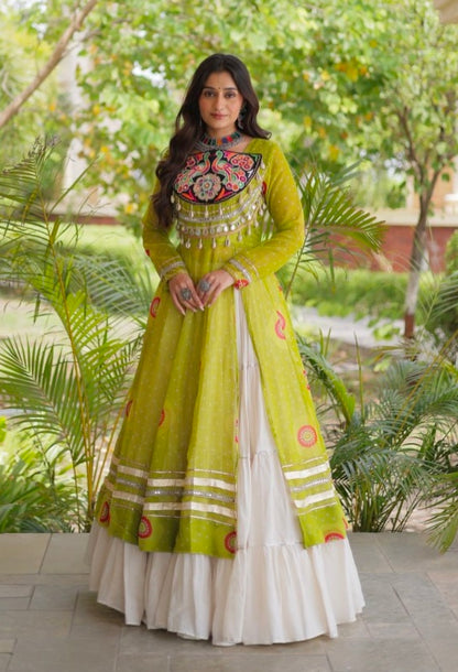 Parrot Pure Faux Georgette Bandhej Print with Kutchi Patchwork Navratri Gown