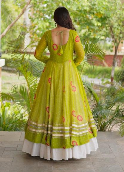 Parrot Pure Faux Georgette Bandhej Print with Kutchi Patchwork Navratri Gown