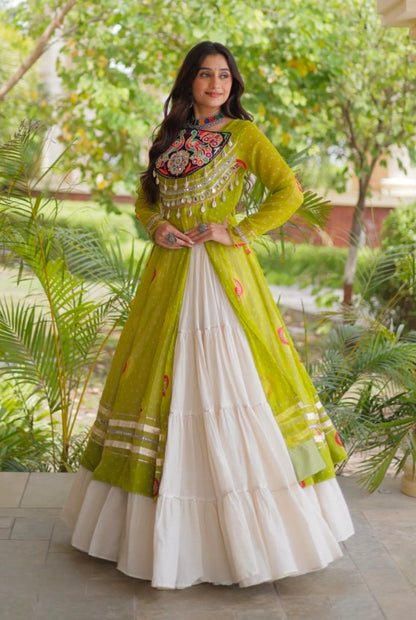 Parrot Pure Faux Georgette Bandhej Print with Kutchi Patchwork Navratri Gown