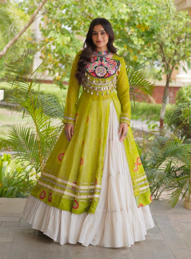 Parrot Pure Faux Georgette Bandhej Print with Kutchi Patchwork Navratri Gown