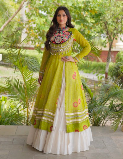 Parrot Pure Faux Georgette Bandhej Print with Kutchi Patchwork Navratri Gown