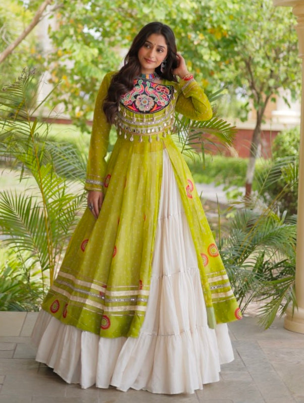 Parrot Pure Faux Georgette Bandhej Print with Kutchi Patchwork Navratri Gown