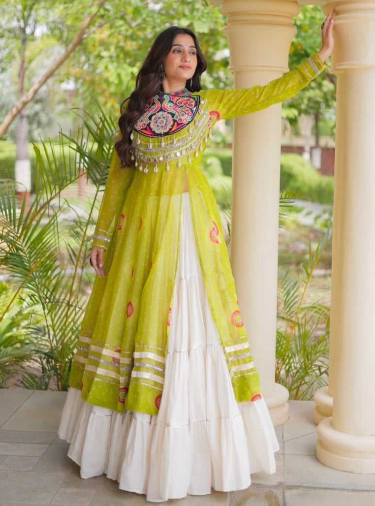 Parrot Pure Faux Georgette Bandhej Print with Kutchi Patchwork Navratri Gown