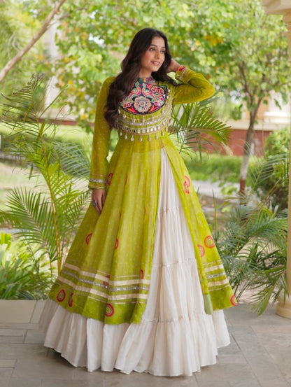 Parrot Pure Faux Georgette Bandhej Print with Kutchi Patchwork Navratri Gown