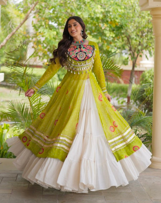 Parrot Pure Faux Georgette Bandhej Print with Kutchi Patchwork Navratri Gown