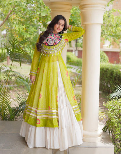 Parrot Pure Faux Georgette Bandhej Print with Kutchi Patchwork Navratri Gown