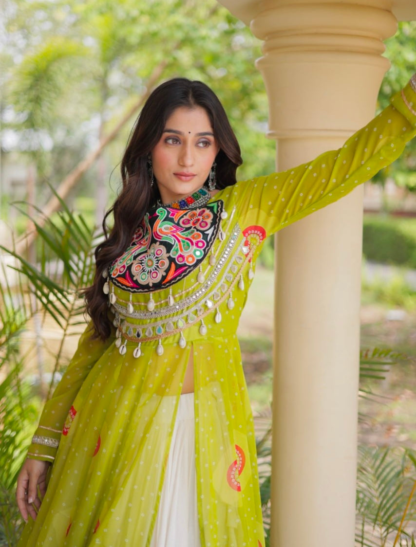 Parrot Pure Faux Georgette Bandhej Print with Kutchi Patchwork Navratri Gown