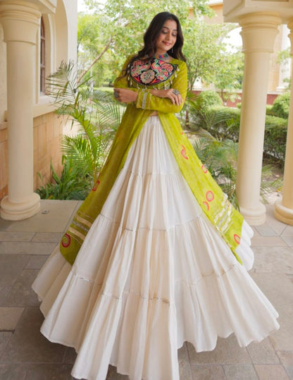 Parrot Pure Faux Georgette Bandhej Print with Kutchi Patchwork Navratri Gown
