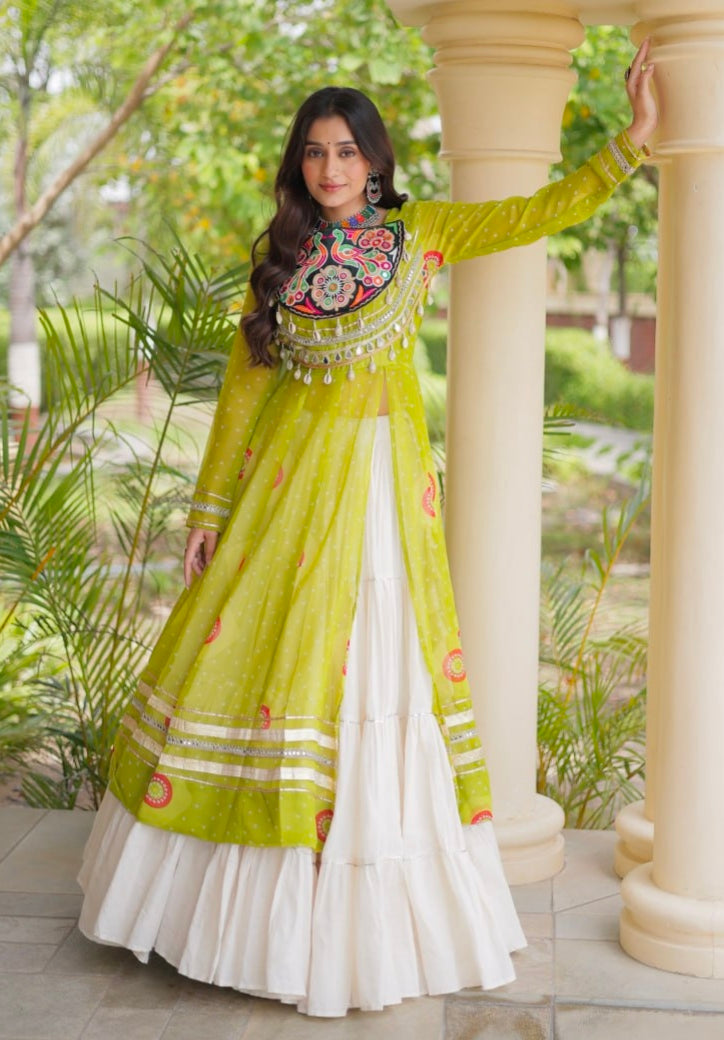 Parrot Pure Faux Georgette Bandhej Print with Kutchi Patchwork Navratri Gown