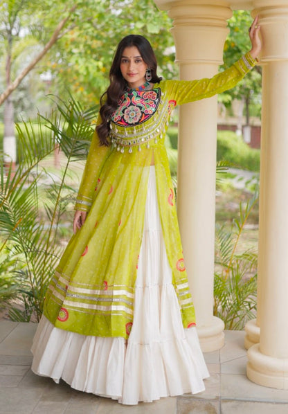 Parrot Pure Faux Georgette Bandhej Print with Kutchi Patchwork Navratri Gown