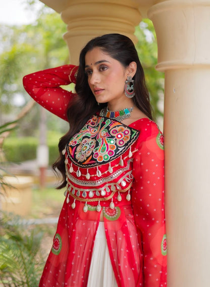 Red Pure Faux Georgette Bandhej Print with Kutchi Patchwork Navratri Gown