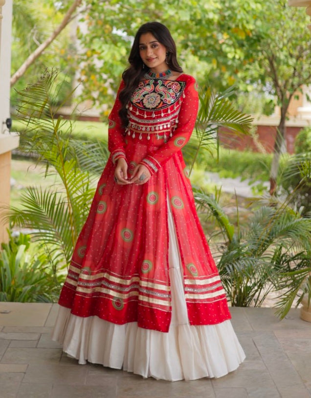 Red Pure Faux Georgette Bandhej Print with Kutchi Patchwork Navratri Gown