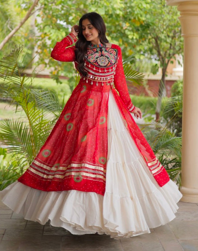 Red Pure Faux Georgette Bandhej Print with Kutchi Patchwork Navratri Gown