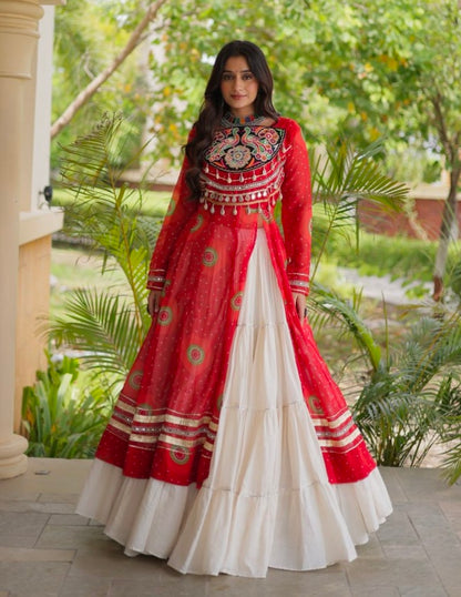 Red Pure Faux Georgette Bandhej Print with Kutchi Patchwork Navratri Gown