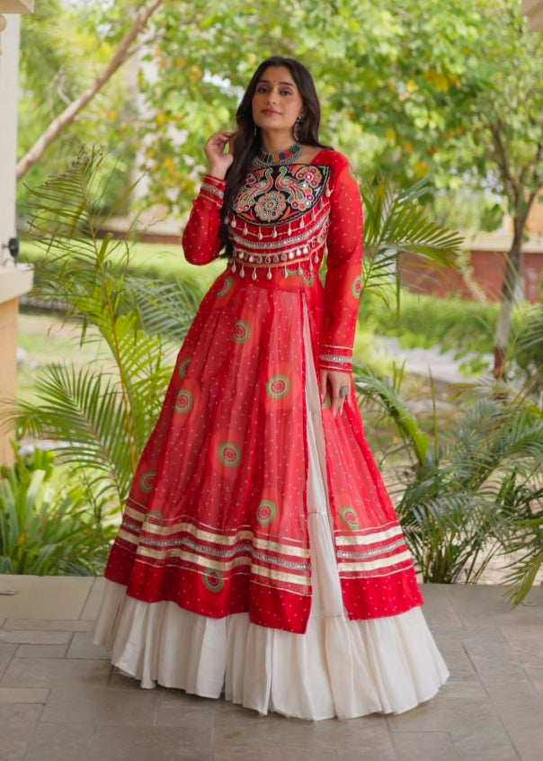 Red Pure Faux Georgette Bandhej Print with Kutchi Patchwork Navratri Gown